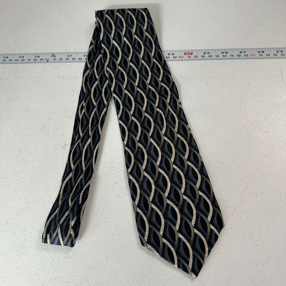 Mens Silk Tie Navy Grey Silver Geometric Wavy Pattern Made in USA Corporate